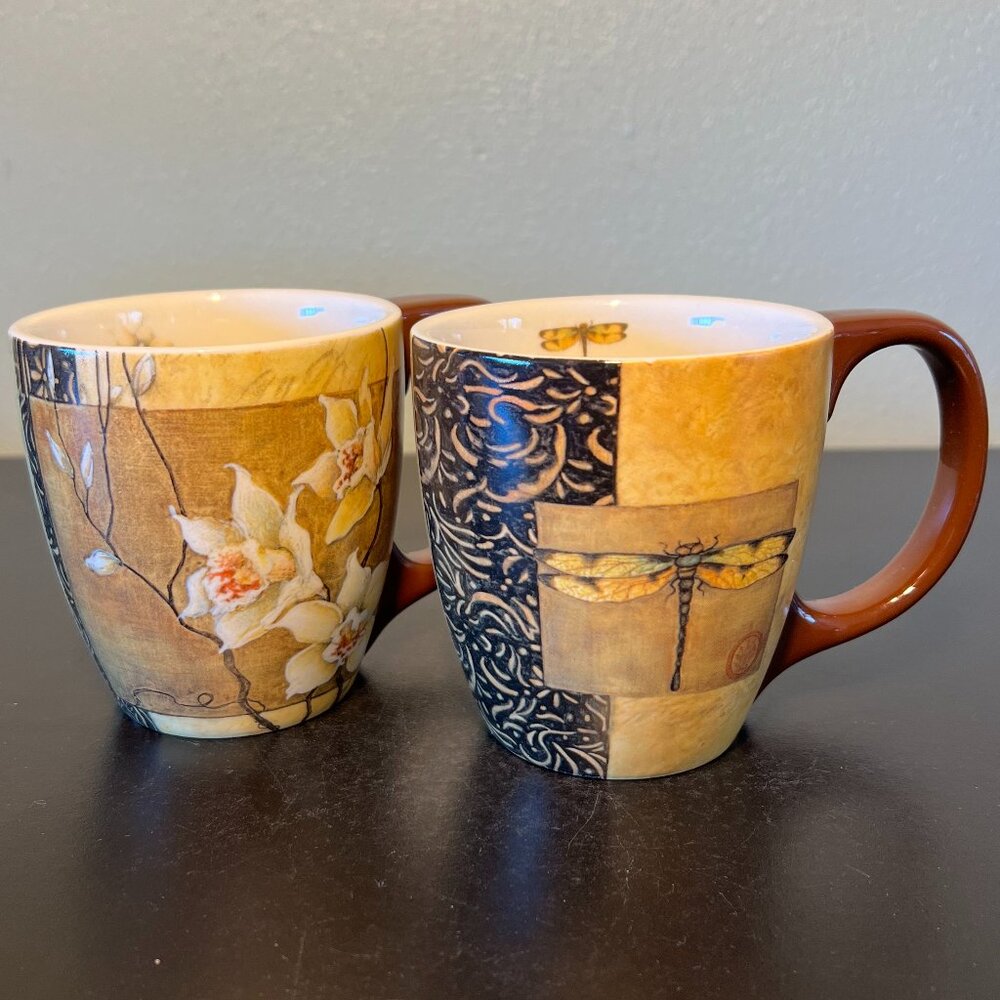 Set of 2 Vintage LANG Golden Dragonfly & Golden Orchid Mugs by Susan Winget